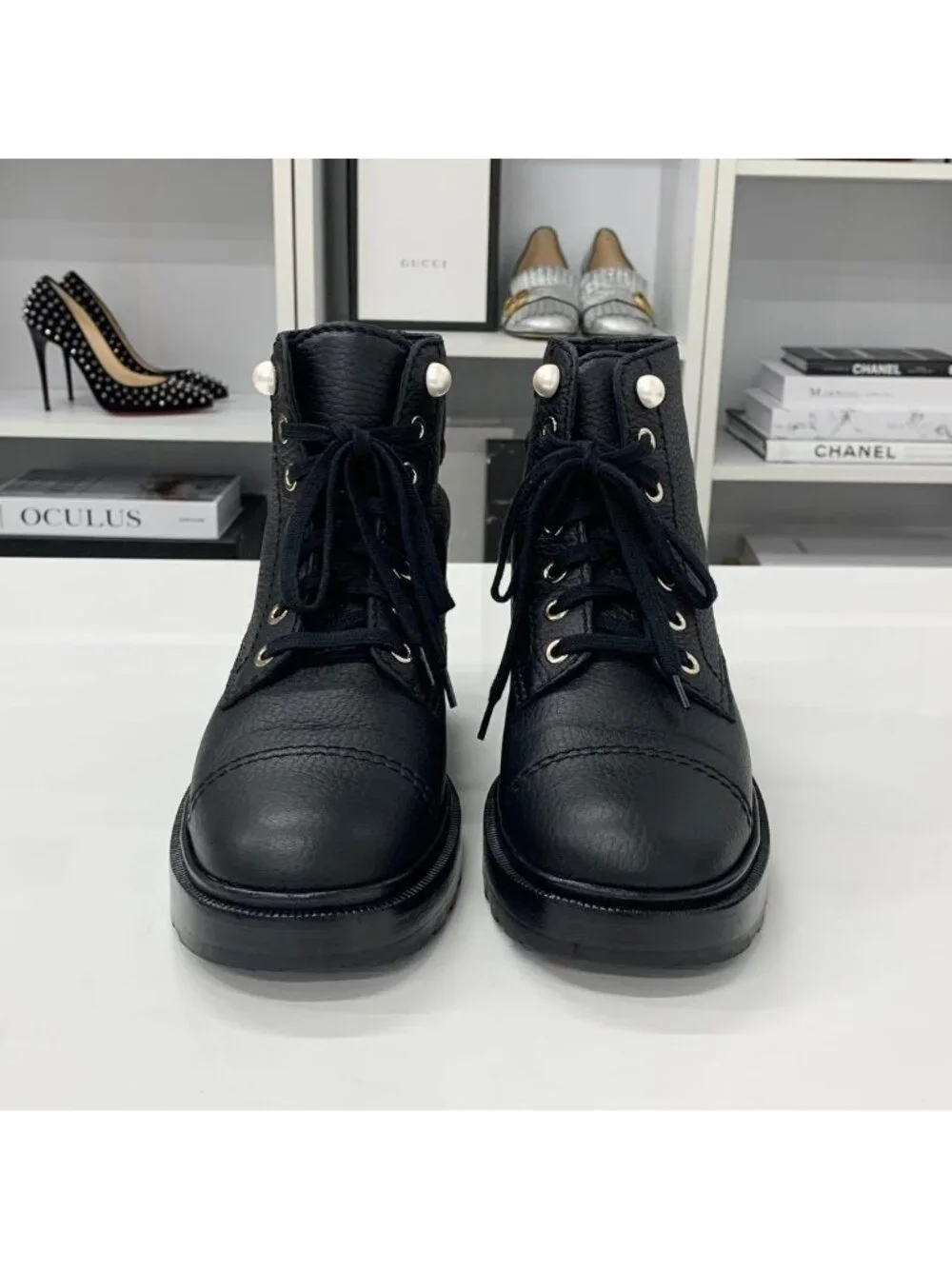 Chanel CC Logo Leather Pearl Lace-up Short Boots Black